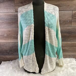 PINK ROSE Womens Lightweight Knit Open Front Sweater Cardigan Teal White Size L